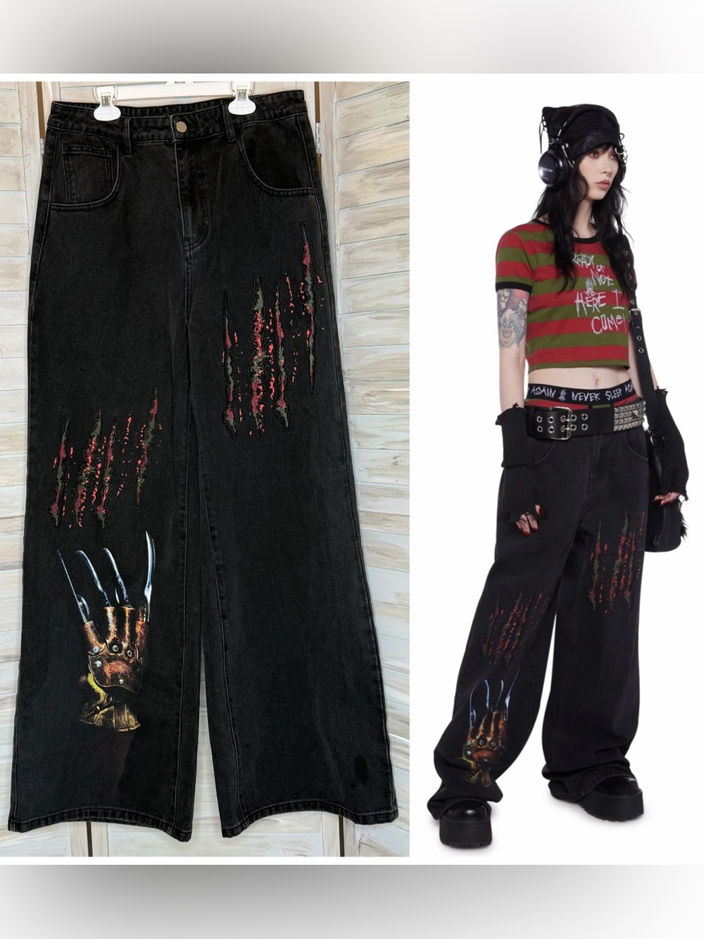 Dolls Kill x Nightmare on Elm Street Freddy Krueger black baggy wide leg jeans